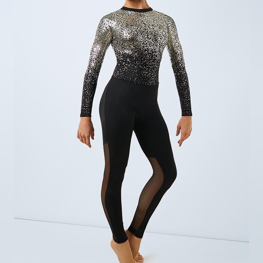 WEISSMAN Dance Costume black silver unitard jumpsuit Toccata 11427 IC 7/8